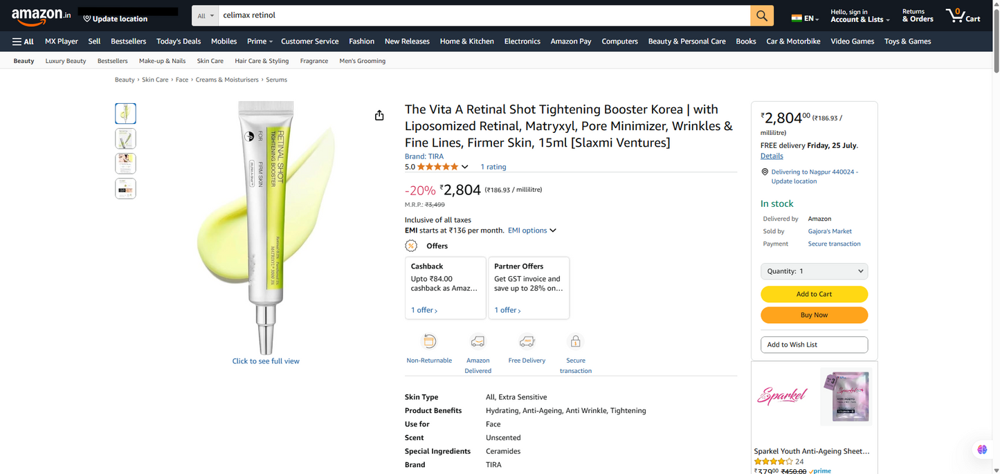 celimax The Vita A Retinal Shot Tightening Booster cream 15 ml